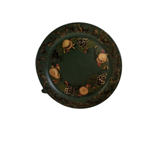 Large   handprinted tray  green floral Toll  metal round 18 3/4in pears grapes - Picture 5 of 7